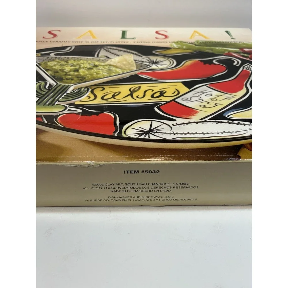 Clay Art Salsa Chip & Dip Serving Platter Set Ceramic 2 Pc Southwest Spanish